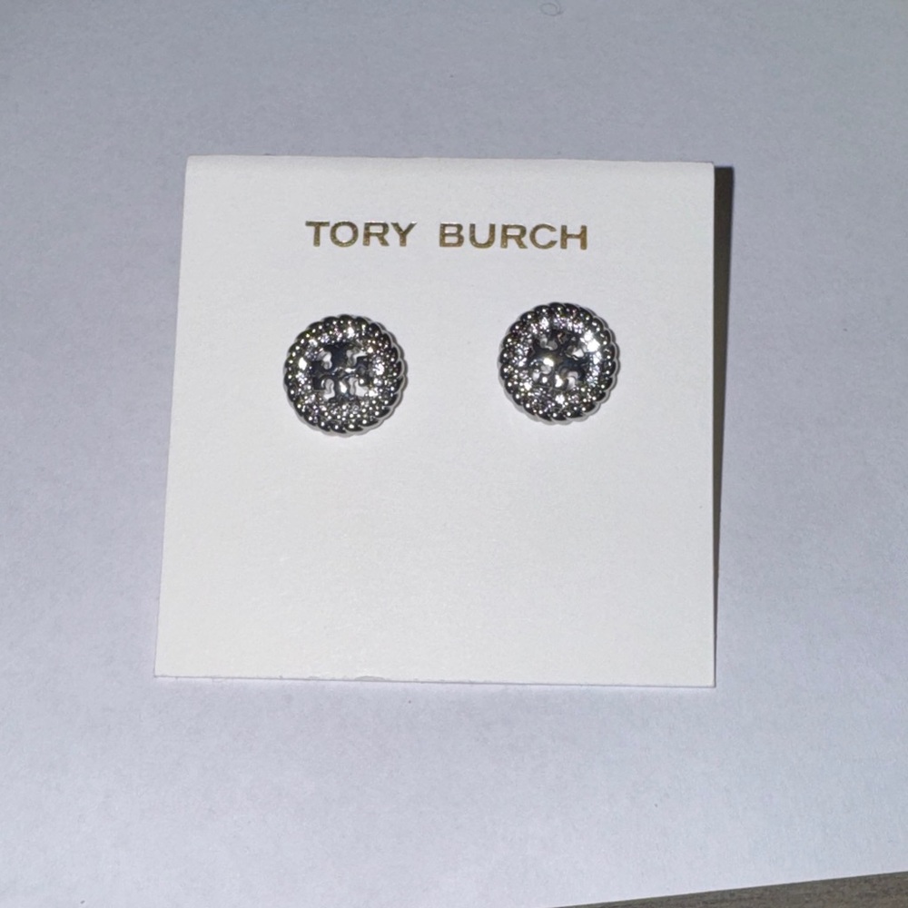 NEW-Tory Burch Silver Pave’ stud Earrings